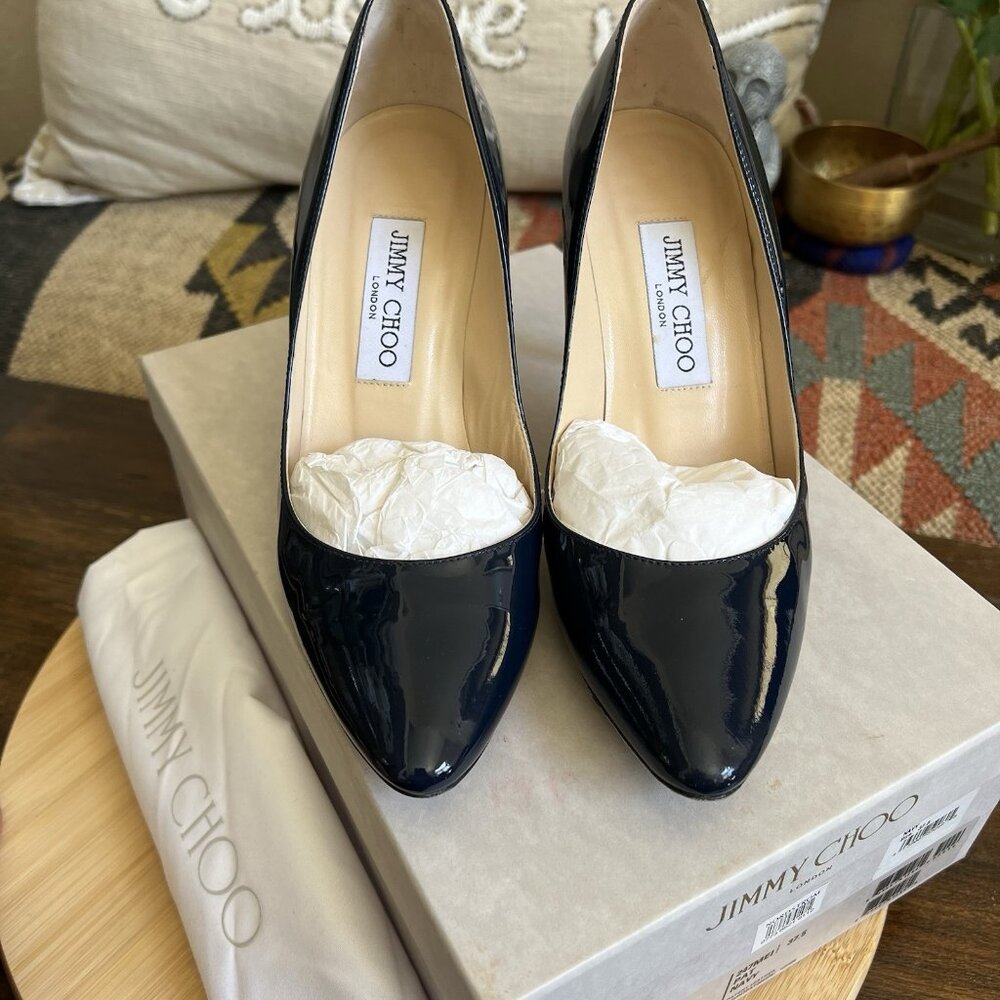 Jimmy Choo MEI Navy Patent Leather Almond Toe Pump Heels - Picture 12 of 15